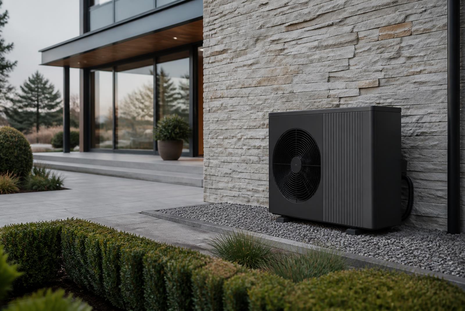 Air source heat pump installed discreetly beside a modern home